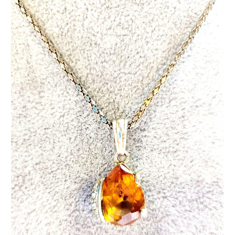 Pear shaped Citrine and Cubic Zirconia Gemstone Pendant Silver Tone Necklace 22"